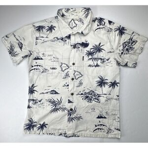 Palmwave Hawaii Shirt Island Map Print Cotton Short Sleeve Large Cream Navy Blue
